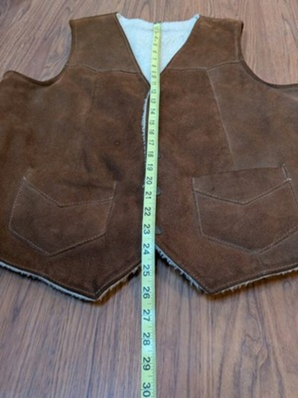 VTG Suede Leather Sherpa Vest Mens 44 SIMCO Brown Lined Snap Western FLAWED - Picture 6 of 12